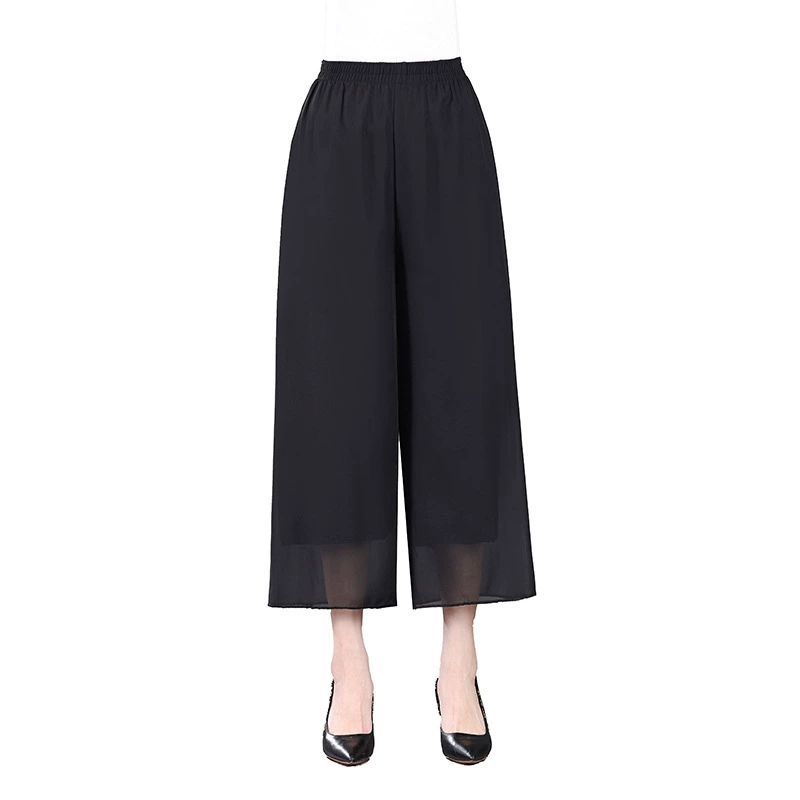 Женские брюки среднего и пожилого возраста новые шифоновые девятиукороченные брюки увеличены, толстые штаны, эластические брюки с высокой талией, дикие брюки мамы