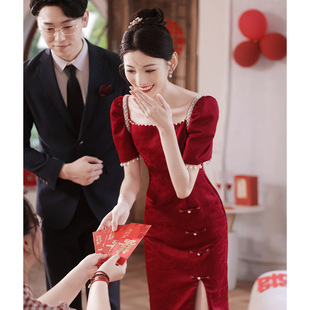 Toast Dress Bride Cheongsam wine red Small Engagement Dress New Chinese Style High-end Wedding Lace Slim Look