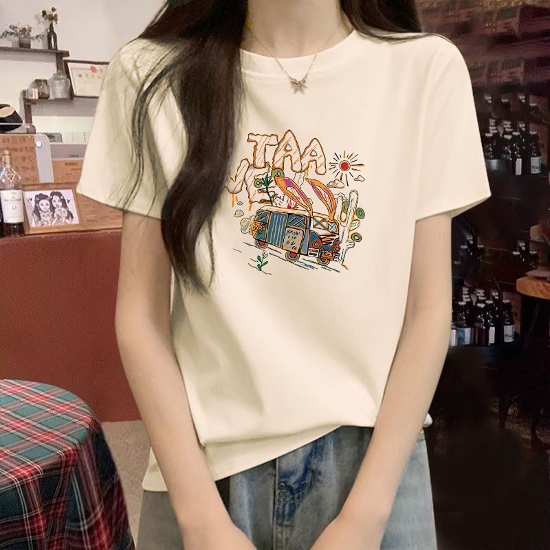 Cream-Colored Round-Neck T-Shirt for Women, Short-Sleeved, Summer 2025 New Style, Versatile, Unique Design, Niche Fashion, Slimming Top
