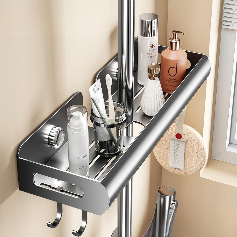 Bathroom No-Drill Shower Rod Tray Storage Box Shelf Organizer for Toilet and Bathroom Shower Gel Rack Storage Shelf