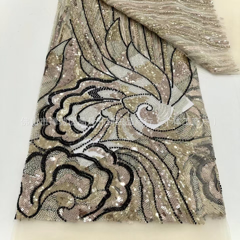 industria pesada tubo de perlas bordado tela de malla de encaje LACE comercio exterior transfronterizo ropa de moda europea y americana cena tela de moda image 5