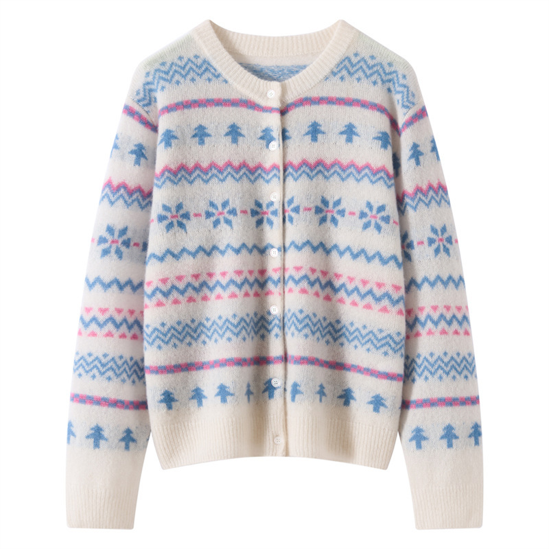 Soft and Light! 2025 New Autumn and Winter Silk Cashmere Round Neck Knitted Cardigan Long-Sleeved Jacquard Warm Top