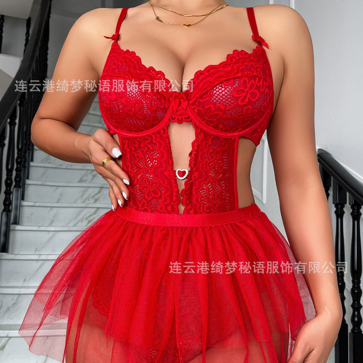 Cross-border Innocent-VixenBodysuit sexy lace suspender skirt mesh love hollow fun home