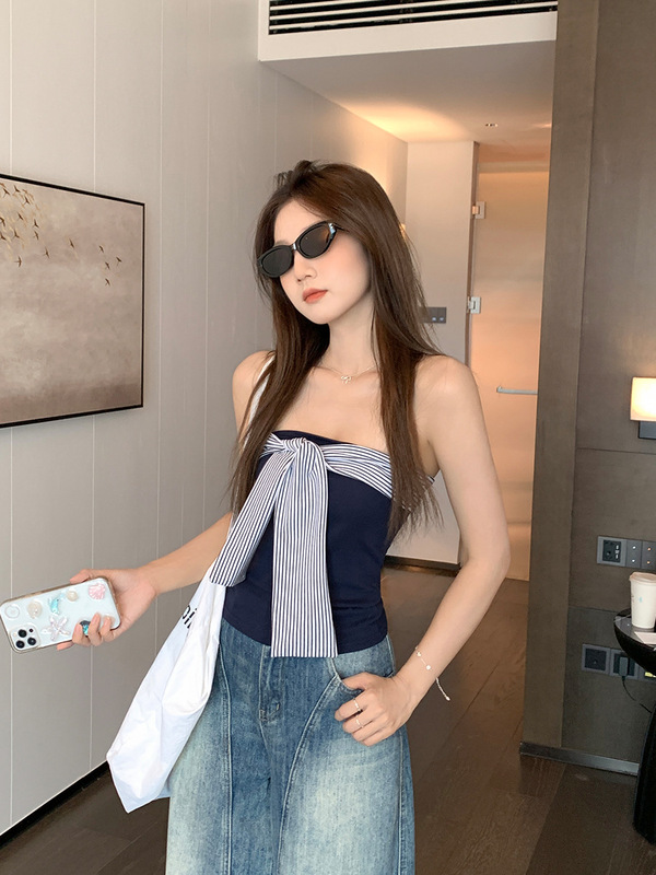 复古条纹系带一字肩抹胸背心女2025夏季新款修身显瘦裹胸短款上衣|undefined
