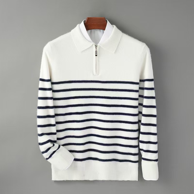 New men's striped polo collar wool sweater, autumn and winter half-zip business casual fashion base layer sweater