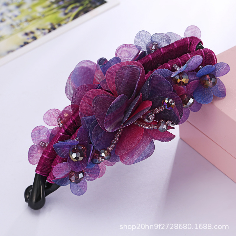 韓国の花の縦のクリップのカチューシャの大きいサイズのバナナは馬尾を挟んで布芸の手作りの水晶を挟みます。