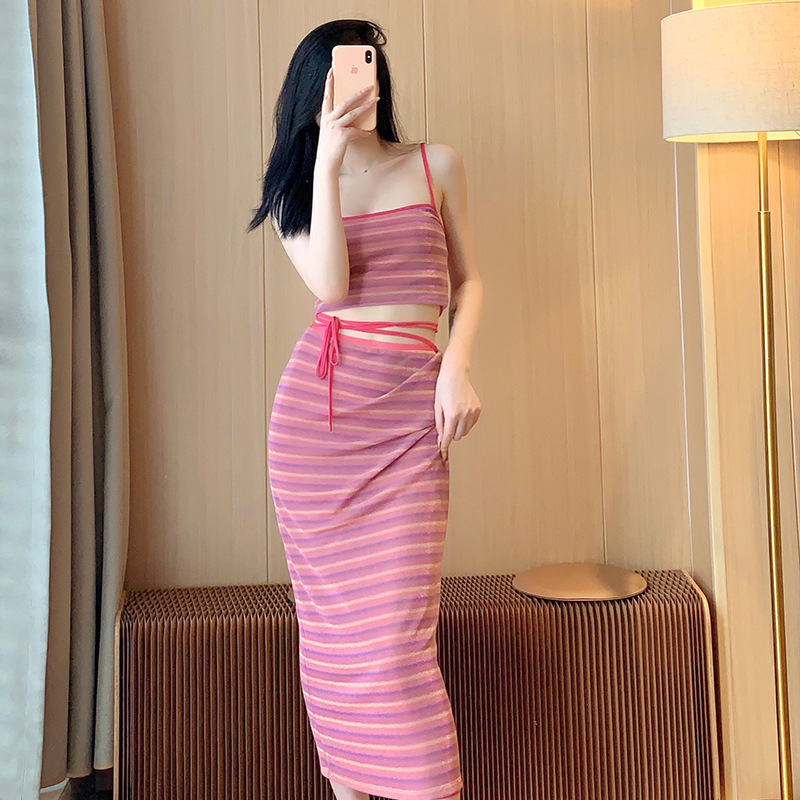 투피스 뉴 퓨어 디자이어 스타일 핫걸 콘트라스트 컬러 스트라이프 패션 스트랩 슈트