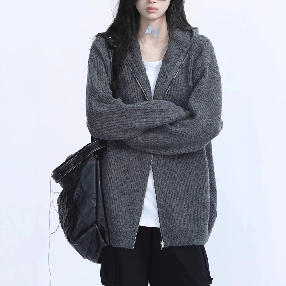 Американский ретро серый вязаный кардиган куртка на молнии женский осень-зима новый дизайн дикий нишевый свободный свитер