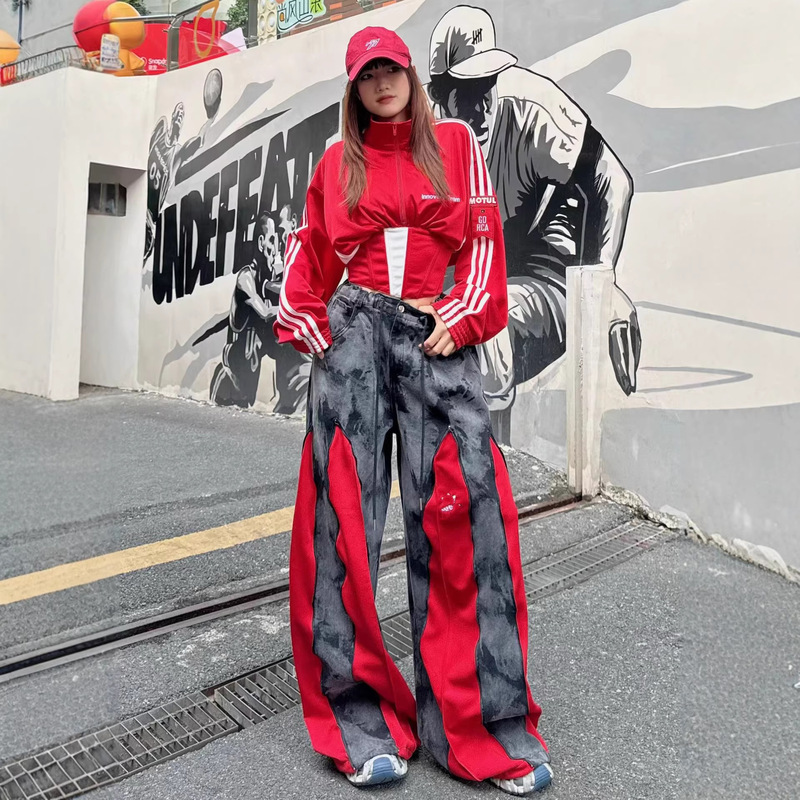European-Style Women's Jeans 2026 Spring New Heavy-Duty Zipper Pleated Color-Blocking Design Loose Trendy Brand Long Pants