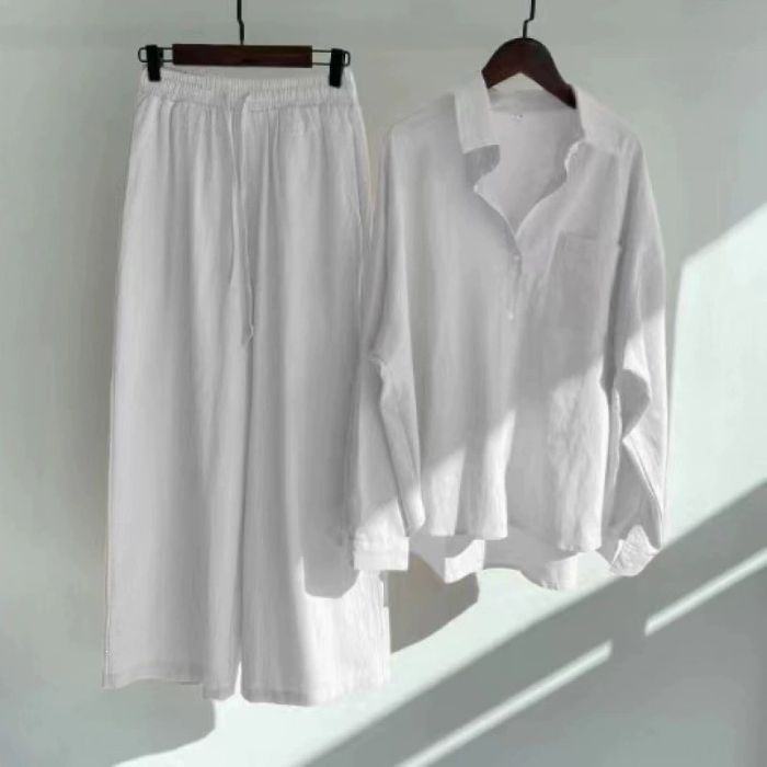 Women's Clothing Women's Retro Plus Size Cotton Linen Shirt Set High Waisted Loose Fitting Trousers Two Piece Set 20 Colors_ecoleips.com