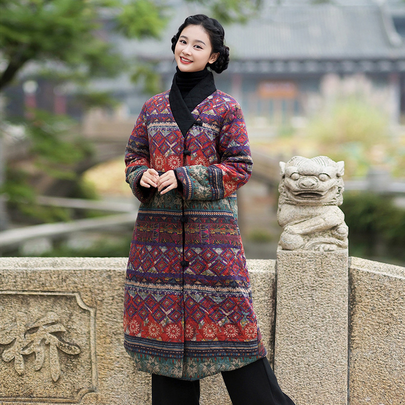 加长款棉衣2025冬季新品棉麻印花复古汉服式改良拼绒保暖棉服外套