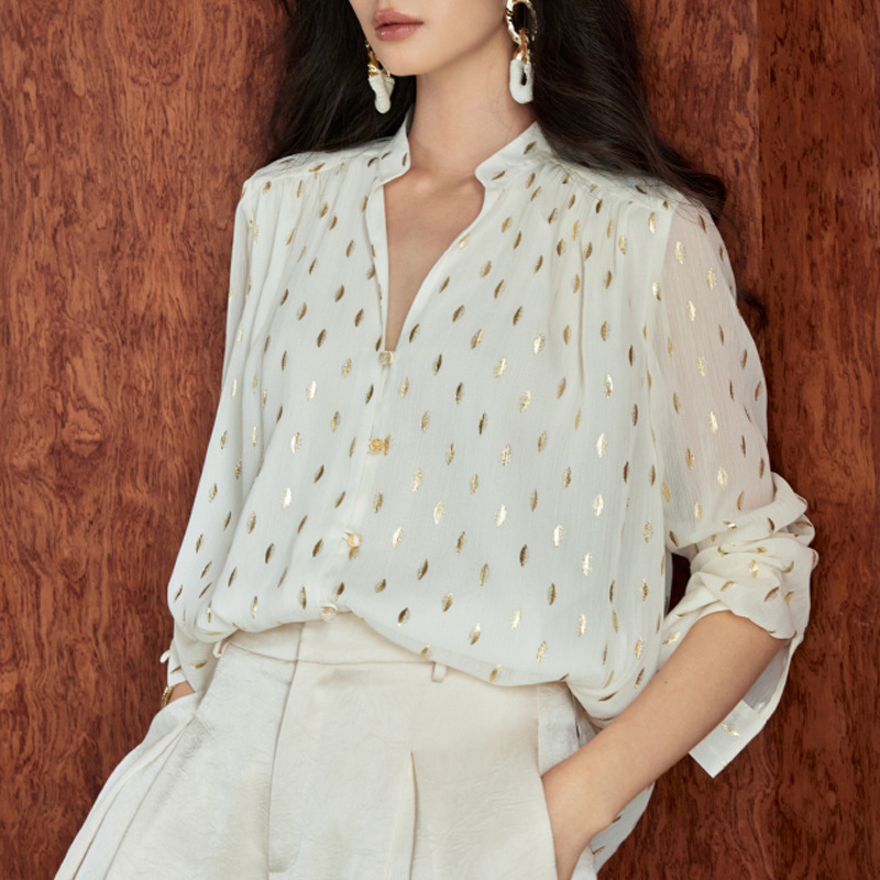 Bronzing Chiffon Gold Leaf Pattern Gold Glass Button Top Mogo Fish Yuan Chuang Small Vertical Collar Loose Straight Shirt for Women