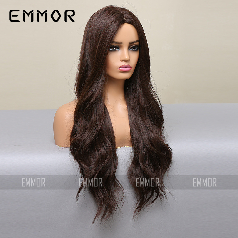 Nueva moda natural medio negro marrón grande onda larga y rizada cubierta de la cabeza fibra química del pelo europeo y americano peluca pelucas femeninas