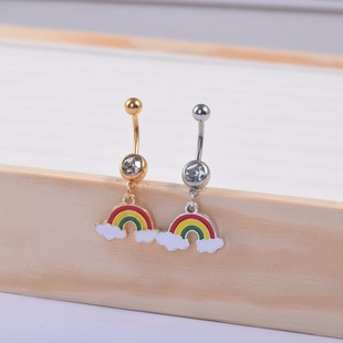 European and American Cross-Border E-Commerce Popular Rainbow Pendant Navel Nail Oil Dripping Navel Ring Stainless Steel Diamond Navel Buckle Ready for Sale