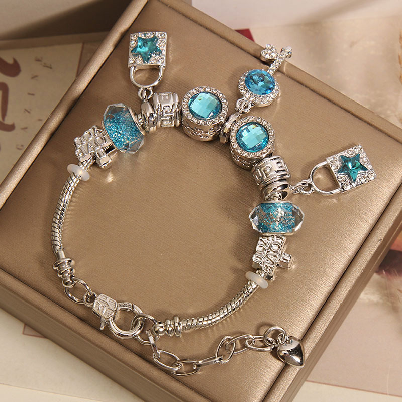 Forest Series Blue Glass Bead Bangle With Key Lock For Women_voghion.com