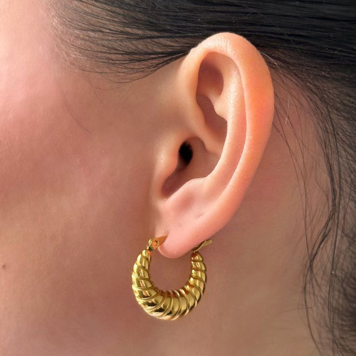 INS Europa y los Estados Unidos con aretes huecos de acero de titanio de oro de 18 quilates de acero inoxidable diseño de cuerpo de camarón croissant inswind
