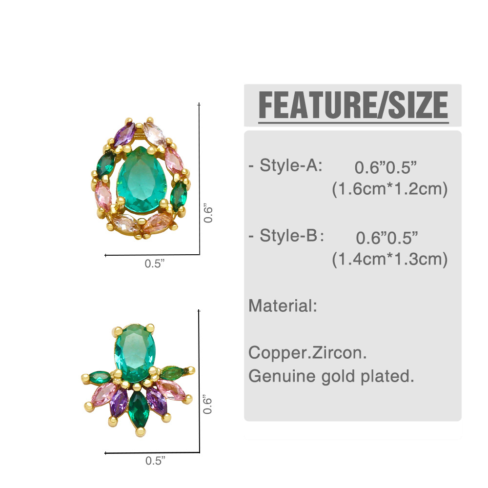 simple geometric color zircon copper 18k gold-plated earrings