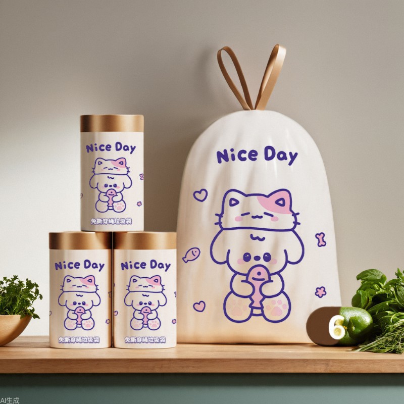 drawstring thickened kitchen printing tear-free garbage bag automatic closing large plastic bag household garbage bag portable