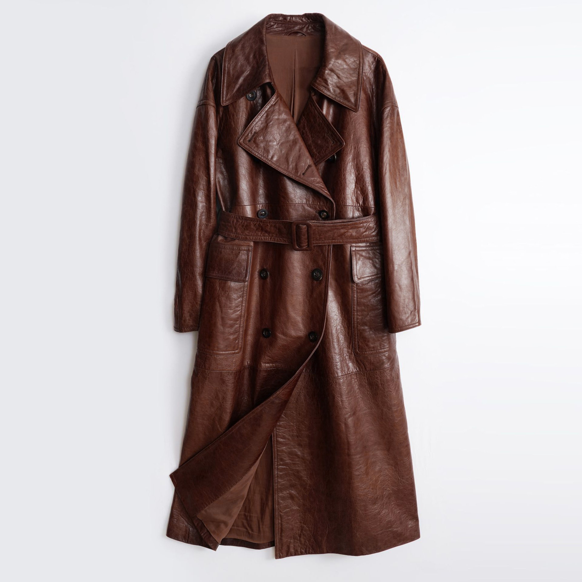 HN102 真皮皮衣冬季新款高端复古美拉德油蜡牛皮长款廓形外套风衣