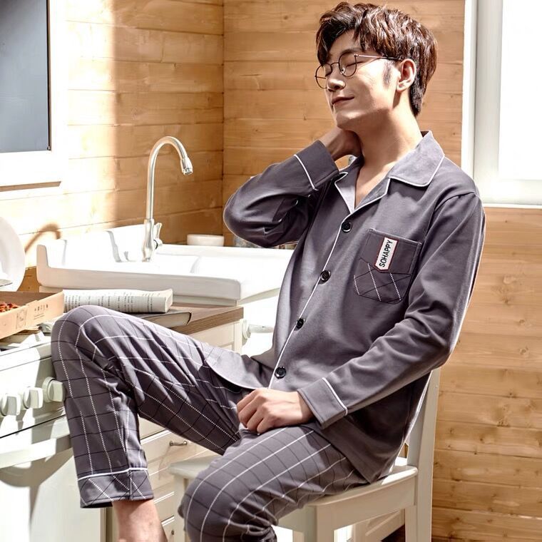 Pajama de mediana edad hombre primavera y otoño manga larga cardigán hombre de mediana edad set de ropa para el hogar