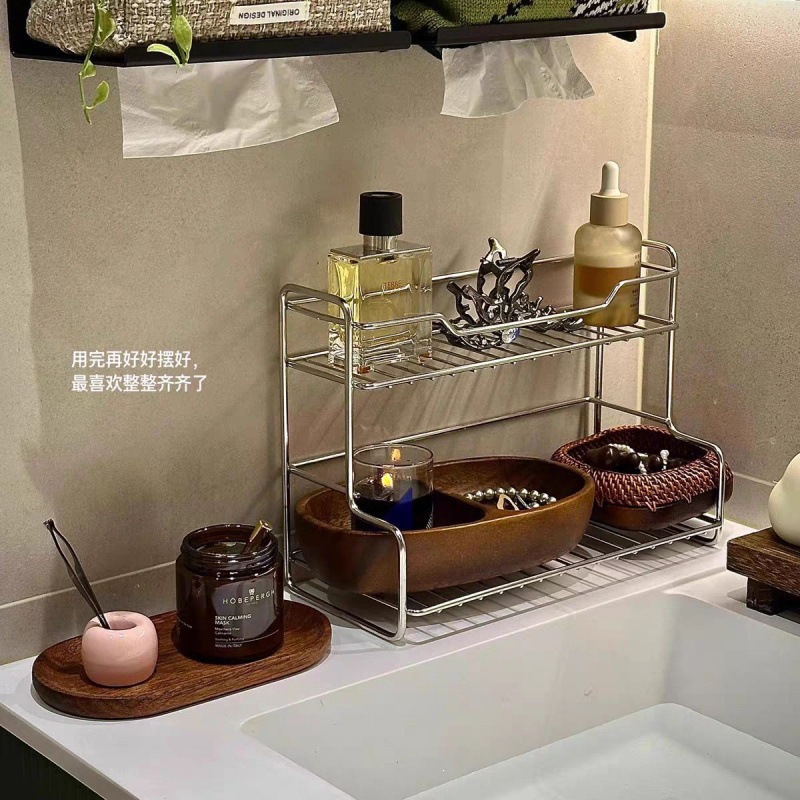 碳钢轻奢免安装双层落地化妆品桌面置物收纳架银色双层置物架其他