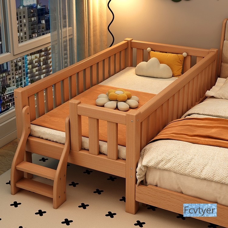 Beech Children's Bed Boy Spliced ​​Bed Baby Crib Widened Spliced ​​Large Bed Baby Bedside Bed Solid Wood Bed with Guardrails