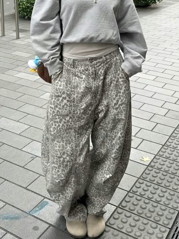 美式复古豹纹弯刀牛仔裤女2025秋季新款街头辣妹廓形宽松拖地长裤|undefined