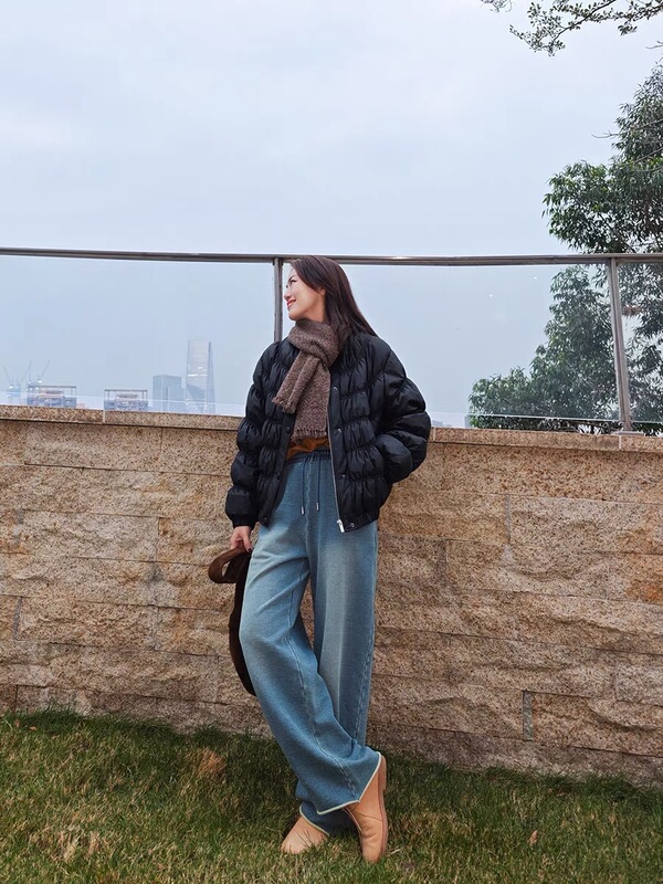 25新款女士简约宽松牛仔毛圈香蕉裤抽绳系带收腰休闲女裤毛边卫裤|undefined