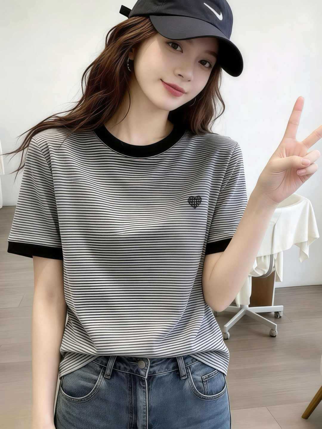 Summer New Embroidered Striped Short-Sleeve T-Shirt for Women, Fashionable Versatile Round Neck Slim-Fit Stylish Top
