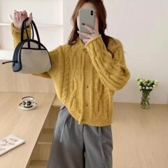 慵懒风绞花毛衣外套女装秋冬加厚外搭粗毛线上衣洋气软糯针织开衫