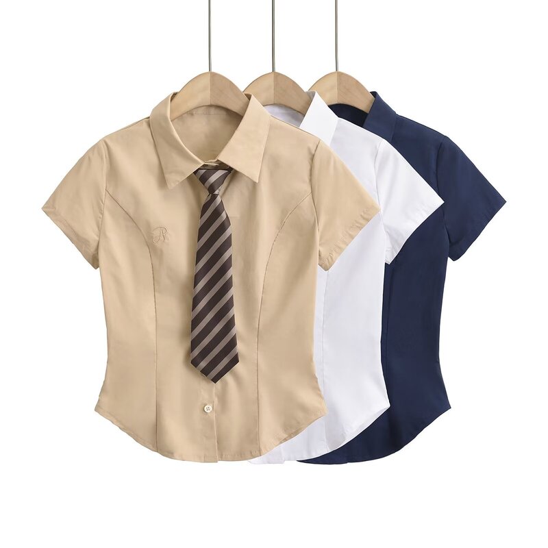 Retro Embroidered Tie Jk Top Short-Sleeved Shirt Feminine Casual Preppy Style Cotton High Quality Slim Cardigan