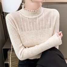 半高领蕾丝花边打底衫女春秋新款针织内搭毛衣洋气设计感chic上衣