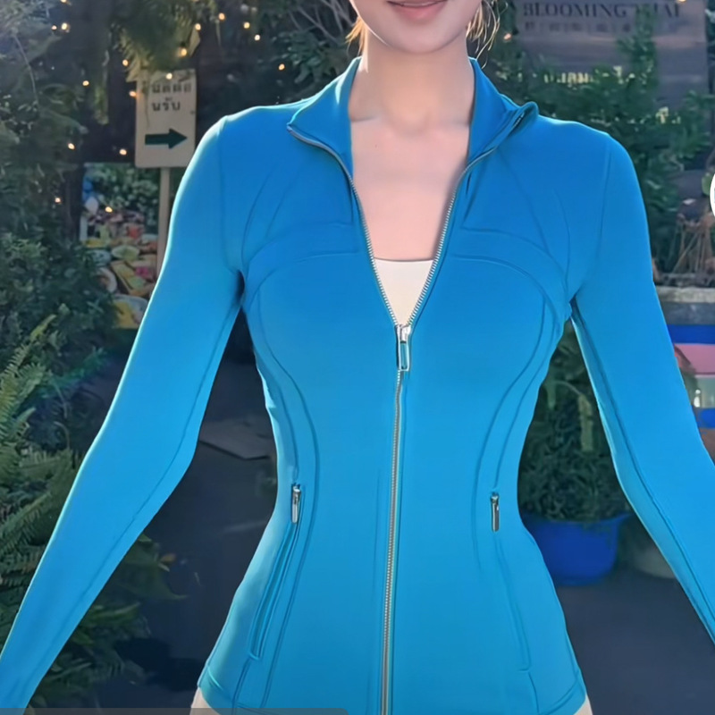 New Color Hawaiian Blue Silver Zipper Yoga Jacket with Brushed Fabric and Stand Collar for Outdoor Sports and Fitness