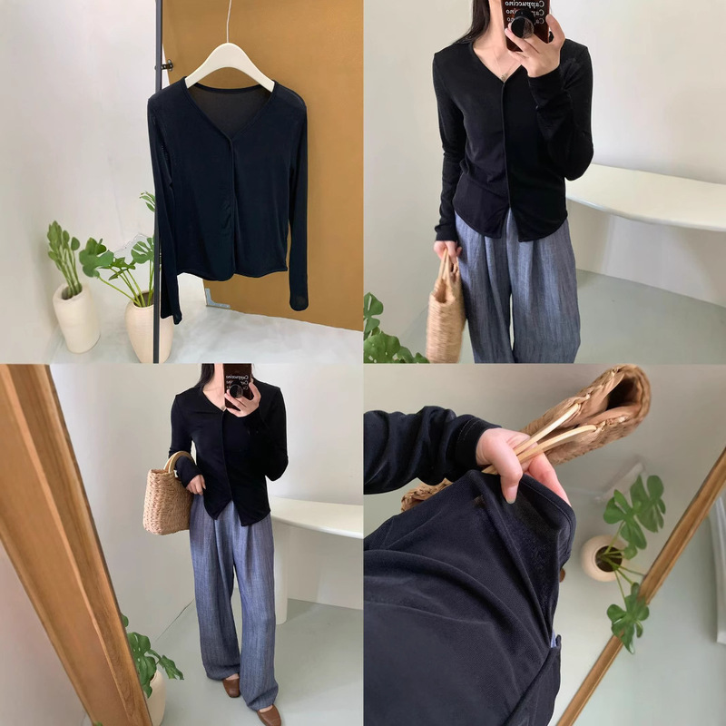2025 New Summer Style Bottom Slit Long-Sleeved Acetate T-Shirt with Gentle Design and Slimming Look Black Top 2025 New Summer Style Bottom Slit Long-Sleeved Acetate T-Shirt with Gentle Design and Slimming Look Black Top