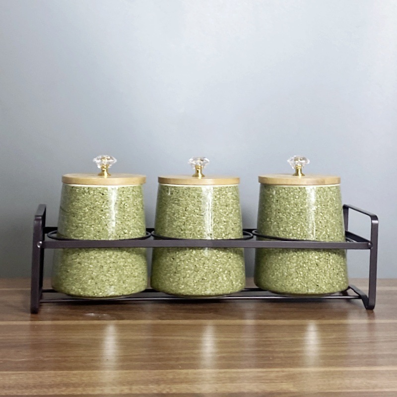 Tanque de condimento de cerámica, tanque de sellado de cocina nórdica, cubierta de madera, tanque de almacenamiento de granos domésticos, conjunto de tanques de almacenamiento de cerámica de lujo ligero