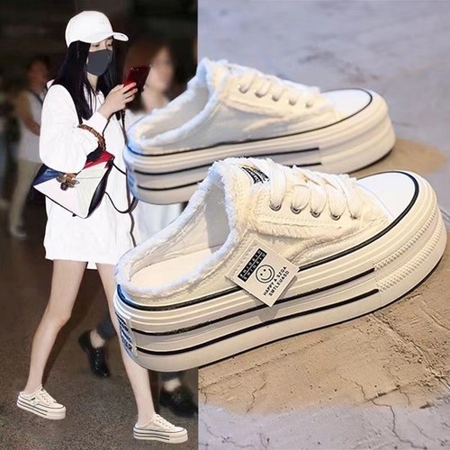 Canvas Bucket Hat Half Slippers Women 2025 Spring New Thick Sole Outer Wear Lazy Heel Inner Heel White Shoes