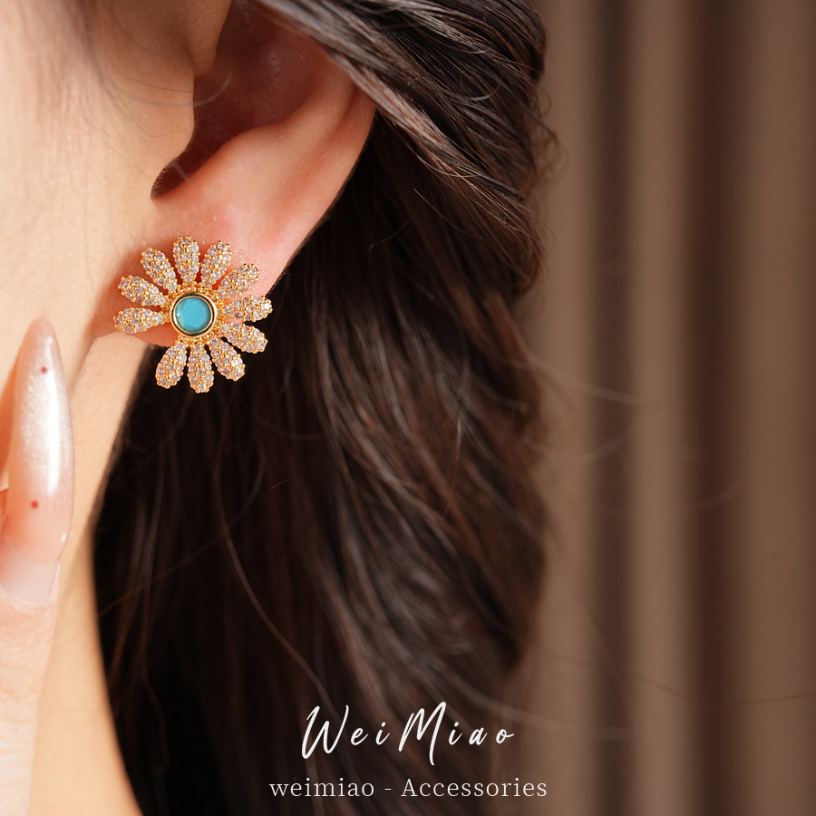 18 quilates de oro real chapado agujas de plata zircon flores pernos pastílicos aretes dulces ligeros de lujo alta sensación aretes