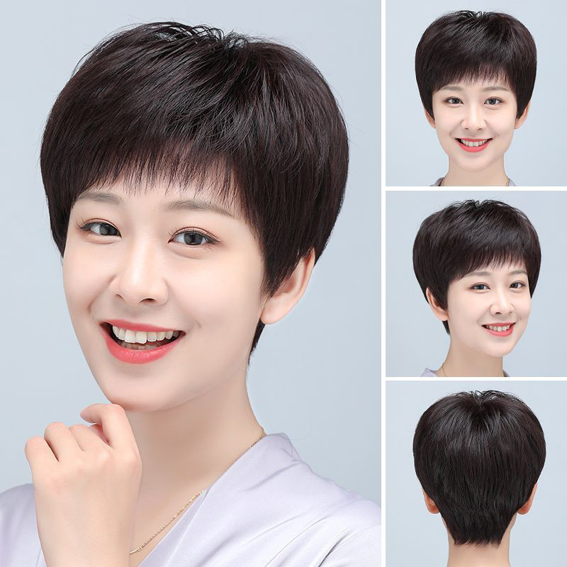かつらのショートヘアの全人の髪の全頭カバーの短いストレートヘアの中高年の女性のお母さんは自然に年齢を減らします。|undefined