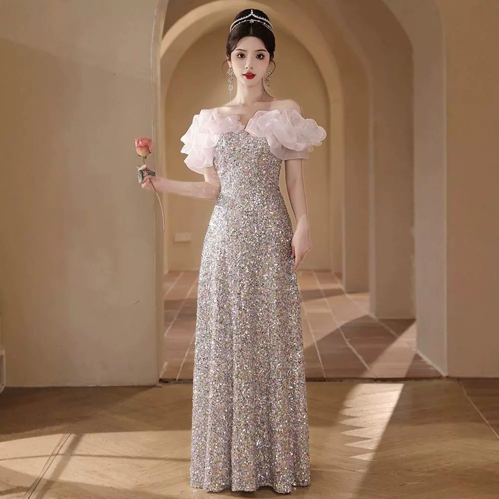 One-Shoulder Evening Dress, Light Luxury, Niche, High-End Sequins, Hostess, High-Class Feel, Banquet, Feminine, 2026 New Style