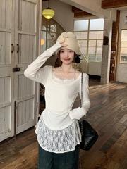 【270克徳絨毛】レースの首掛けの長袖tシャツの女性の中にシャツを着て上着を修理します。