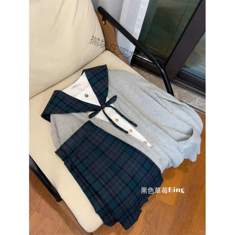 Японская сладкая JK униформа колледжа стиль военно-морского воротника с короткими рукавами рубашка летняя клетчатая юбка с высокой талией и короткая юбка из двух частей