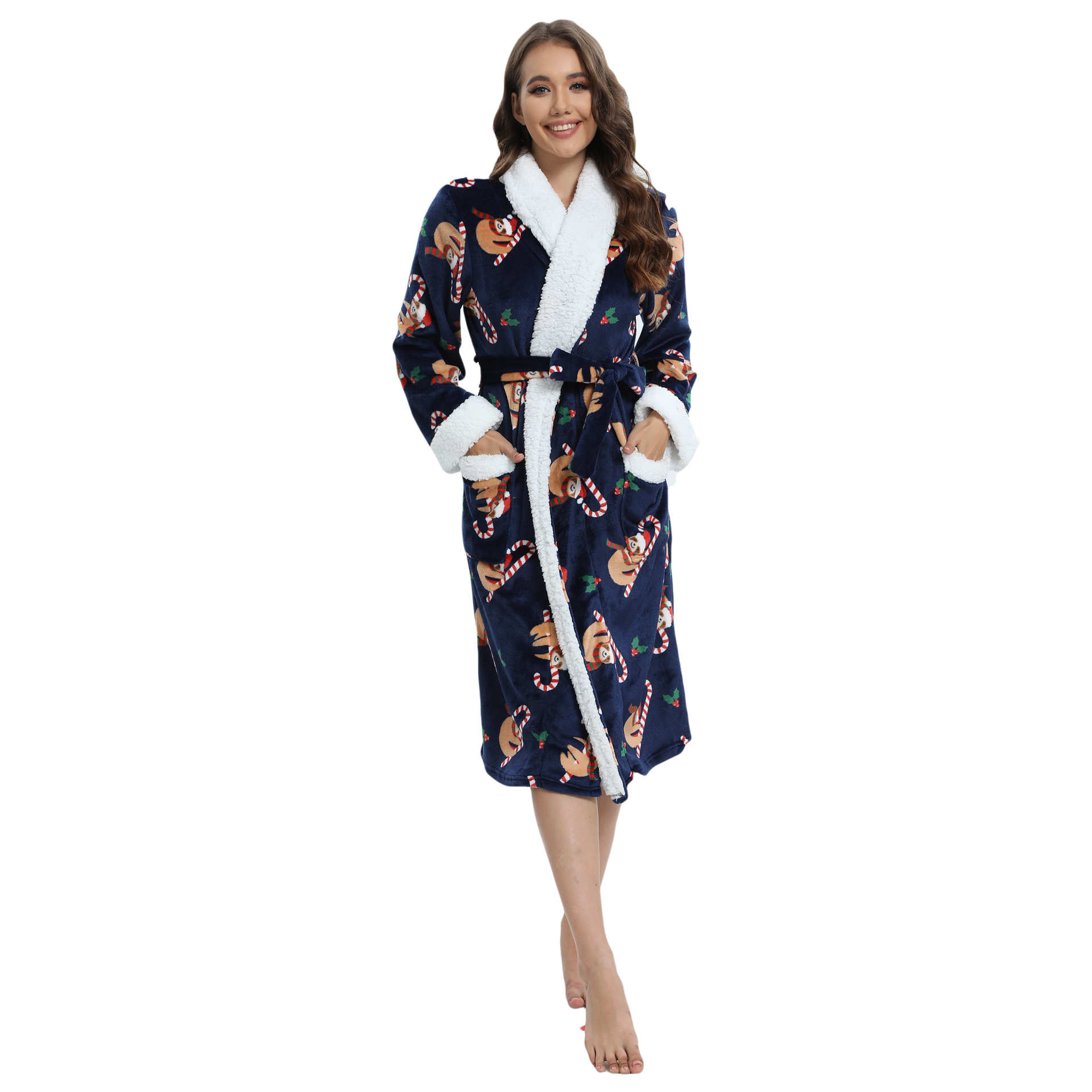 women's Christmas Santa Claus flannel printed bathrobe, nightgown, home clothes_voghion.com