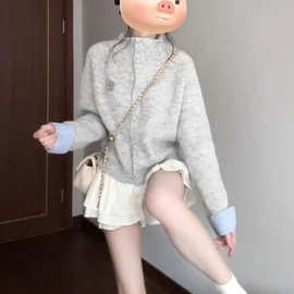 韩系复古灰色拼接格子针织开衫女春秋慵懒松弛感宽松显瘦毛衣外套