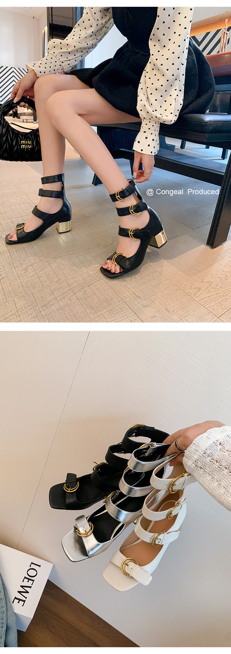 Giày sandal cao gót nữ thiết kế khóa thắt lưng, mũi hở, gót vuông 9 cm — Màu đen, Màu trắng be, Màu bạc chi tiết 6