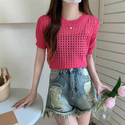 Pure Desire Short-Sleeve Hollowed Out Versatile Knit T-Shirt for Women 2025 Summer Thin Design Felt Minority Unique Top