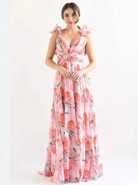 2026 European and American Cross-Border Foreign Trade New Fashion Printed Lace-Up Waist-Revealing Lace Trim Slim-Fit Elegant Long Dress
