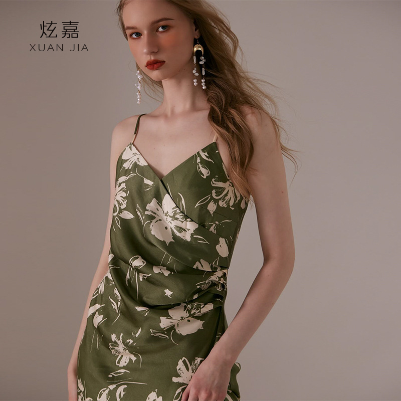 19 Mumi Double Joe Silk Printed Dress Women's 2025 Summer 6A Grade Mulberry Silk Suspender Backless Satin Skirt