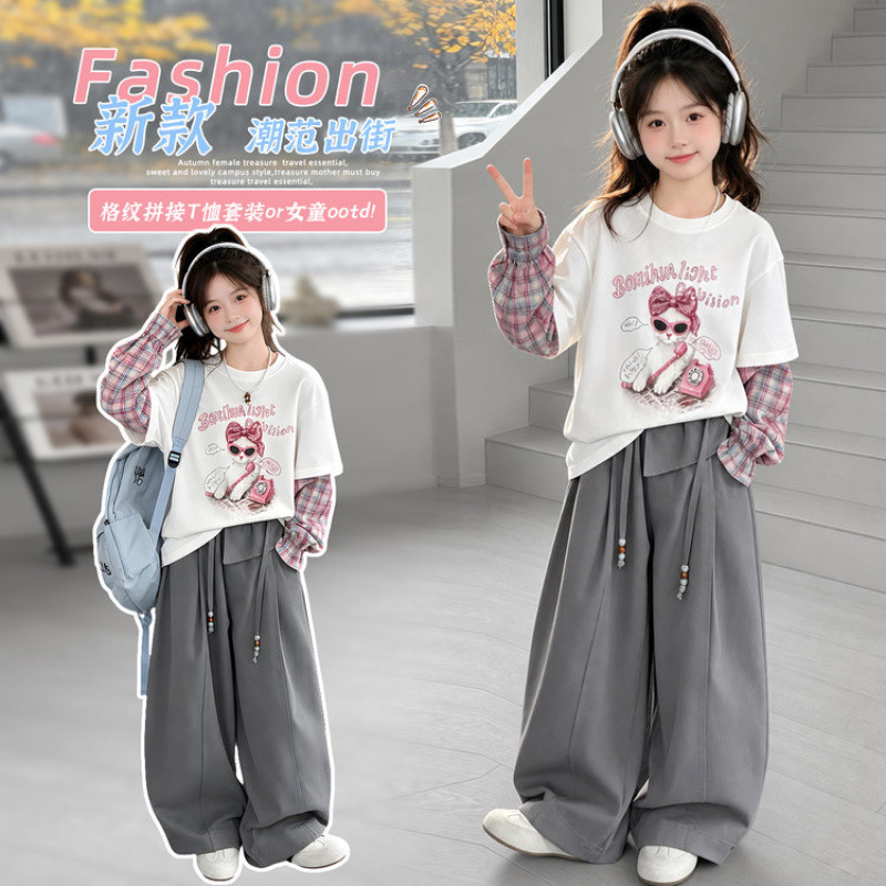 Zhili children's clothing, girls' autumn sweatshirt, 2026 new style, Korean style, loose fit, for medium and large children, faux two-piece patchwork.