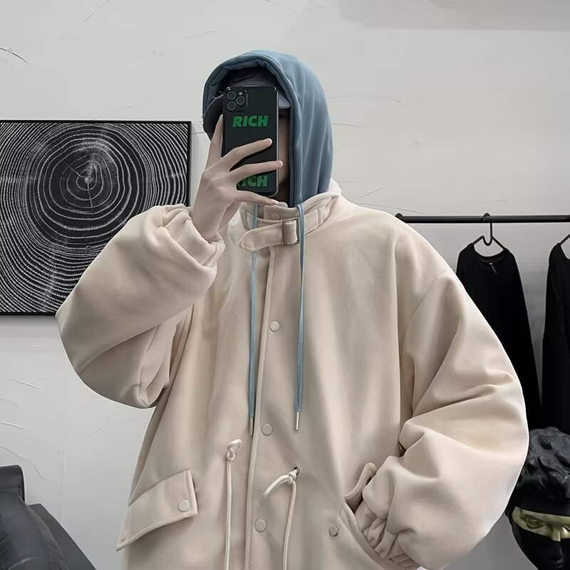 겨울 가짜 투피스 루즈 인 홍콩 스타일 의류 남성 가을과 겨울 두꺼운 모직 재킷 캐주얼 후드 모직 코트