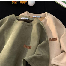 麂皮绒t恤男短袖夏季美式复古潮流宽松休闲情侣装半袖体恤上衣服